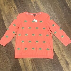 Talbots lightweight sweater women sz XP coral green Turtles three quarter sleeve